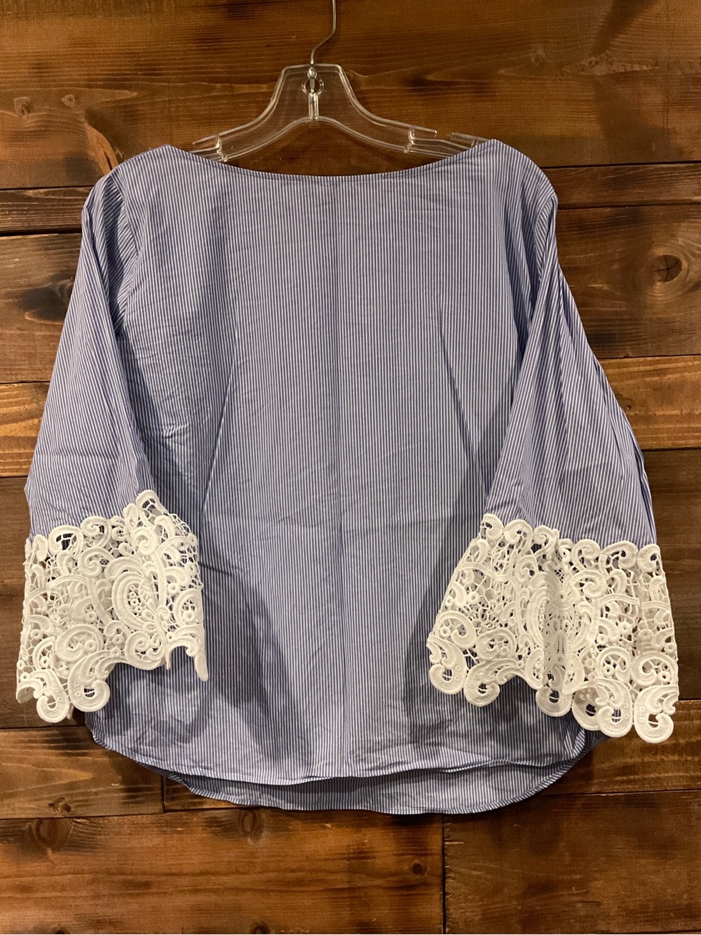 Zara Blue Pinstripe Top Crochet Lace Guipure Hem Detail size Large